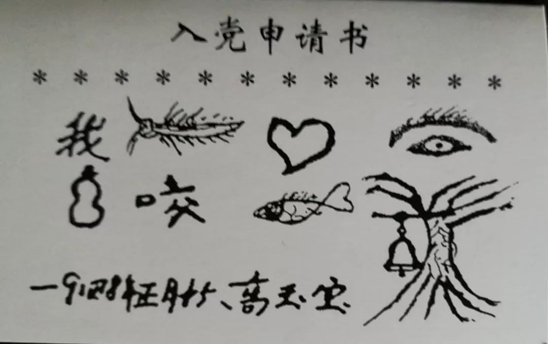 出身只认识几个字的高玉宝用各种图形代替文字画了八个字的入党申请书