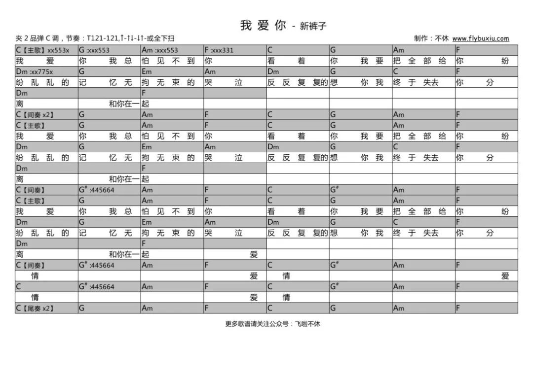 吉他谱我爱你新裤子专辑版修正乐夏现场版丨飞啦不休