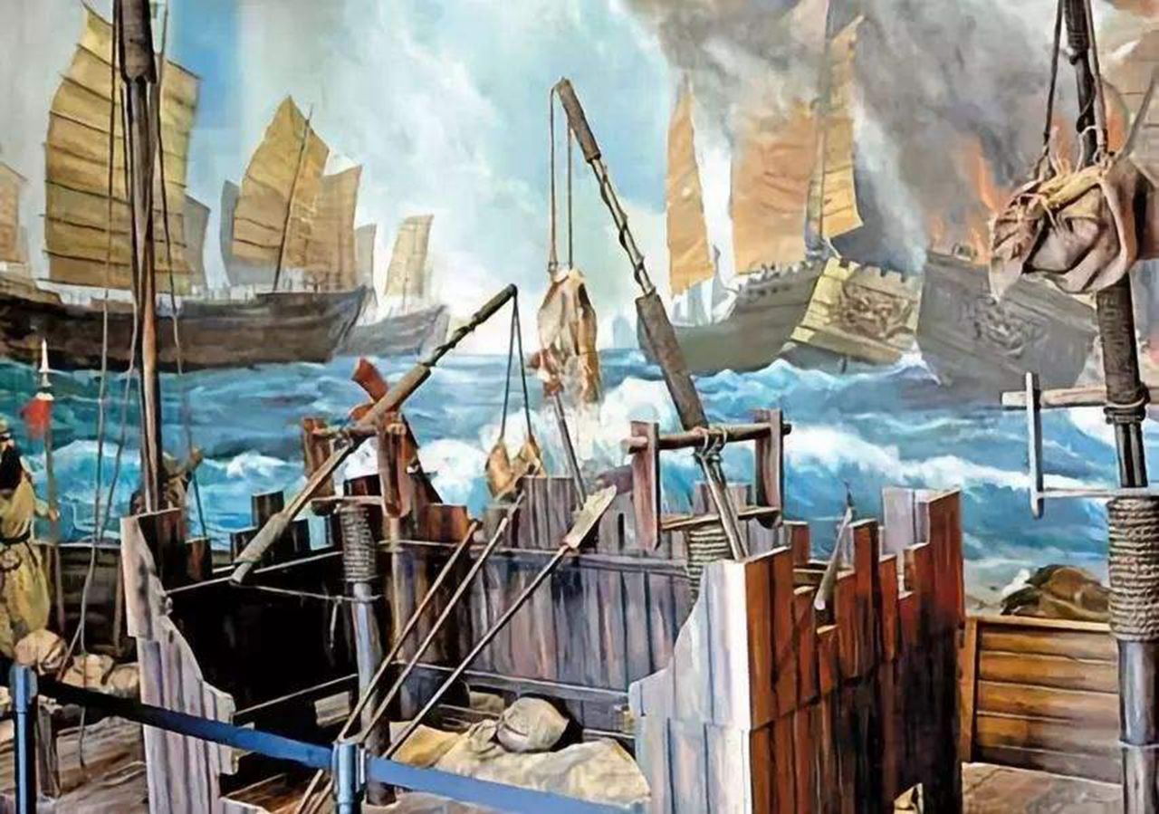 在较远距离,海鳅船使用霹雳炮,猛烈攻击金军船队.