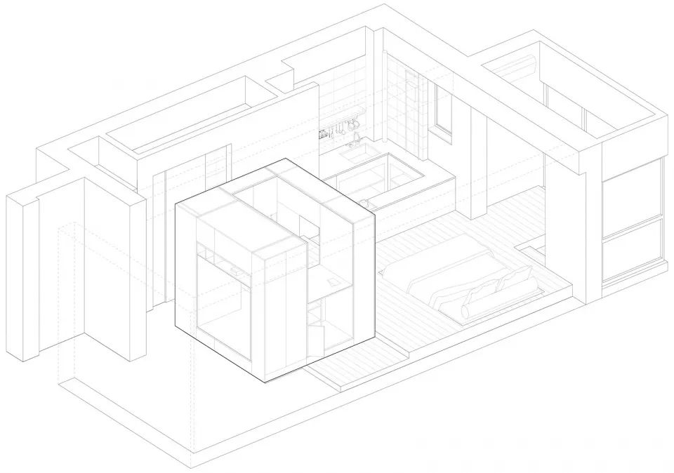 轴测图其次,拆除厨房的非承重隔墙,砌筑操作台限定空间边界,并赋予