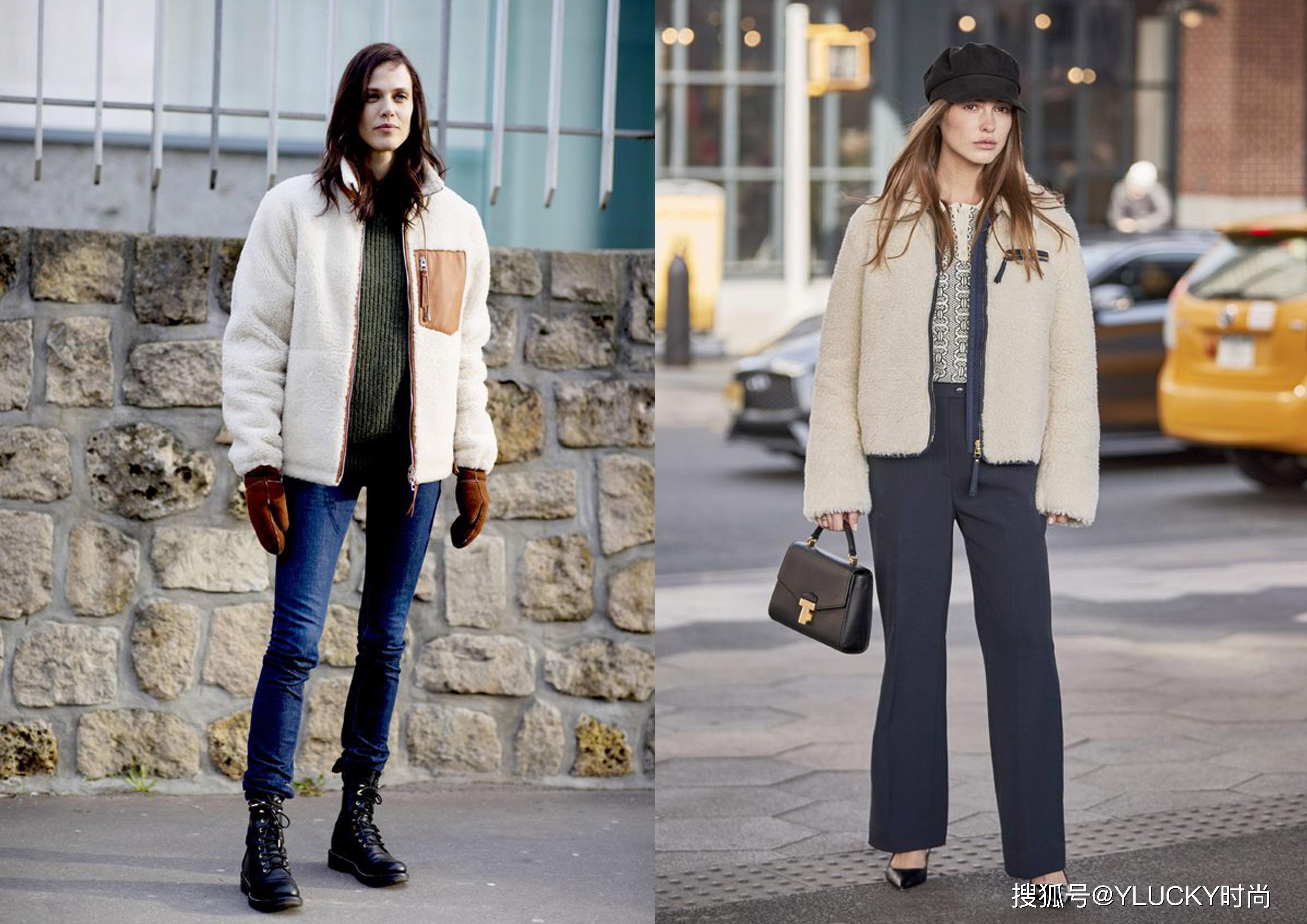 毛外套,浅色调中:奶白色,浅黄色,或者是浅色拼接的款式,搭配浅蓝直筒