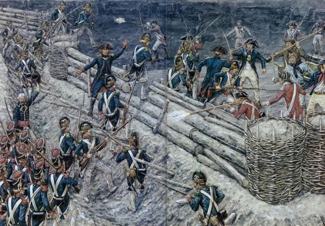 拿破仑一面激励士兵奋勇杀敌,一面指挥他们组织炮战,将缴获的火炮调转