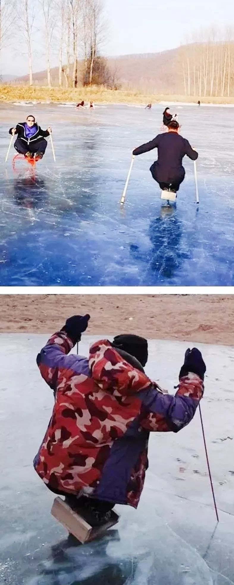 那时候没有滑冰鞋,只有单腿驴,脚滑子,冰爬犁,抽冰猴,滚铁环……多样