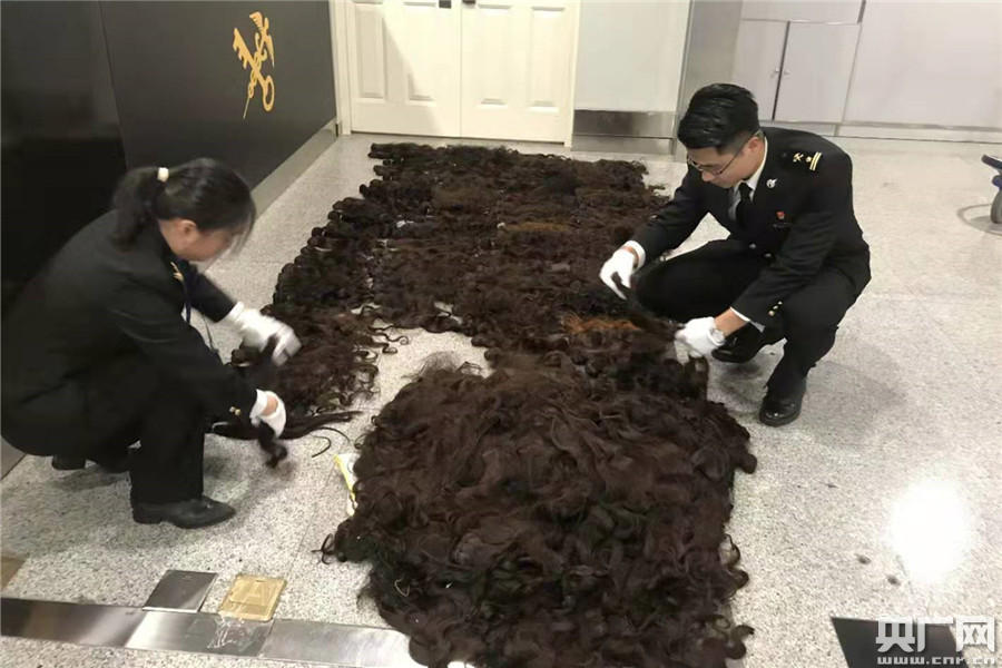 成都海关查获一整箱人体毛发 共计370束重36.9千克
