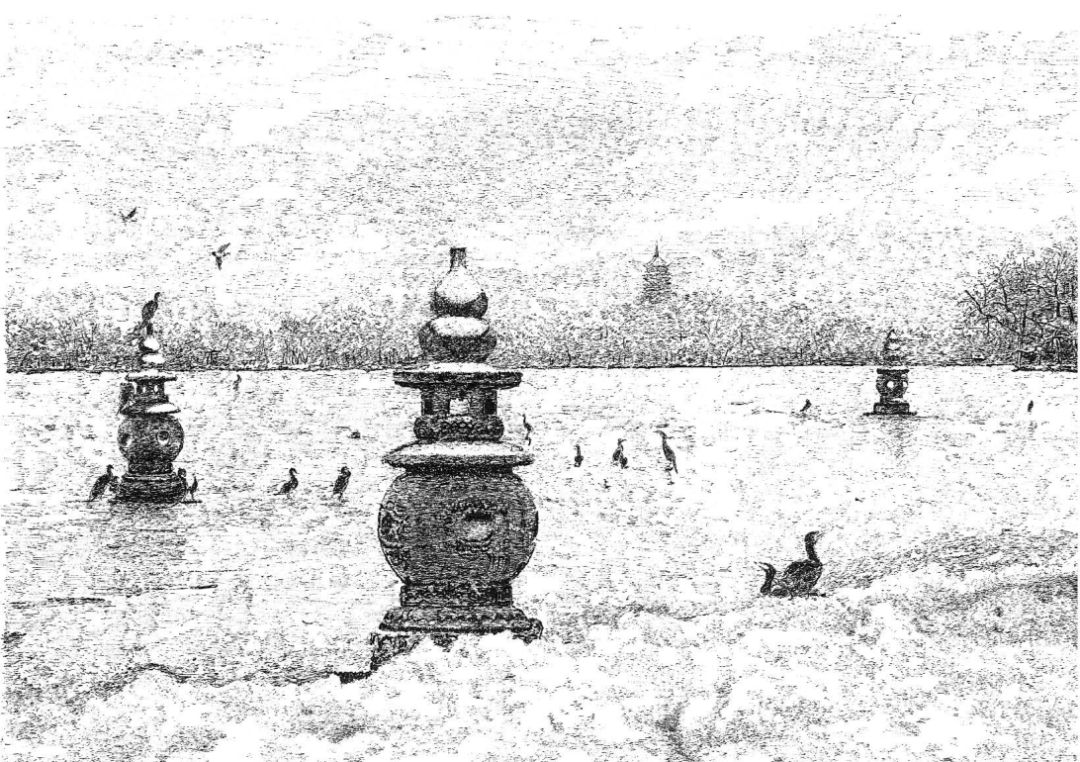 三潭印月2平静的湖水, 犹如一面镜子, 透过钢笔的塑造, 看到了冻湖