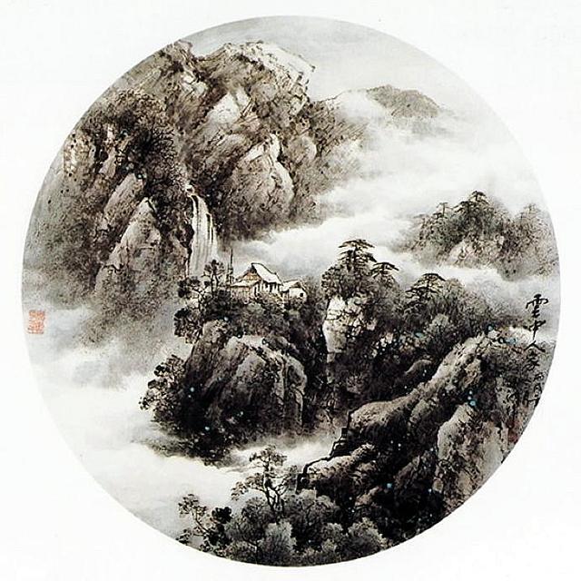 千山烟云黄玉洲彩墨山水画