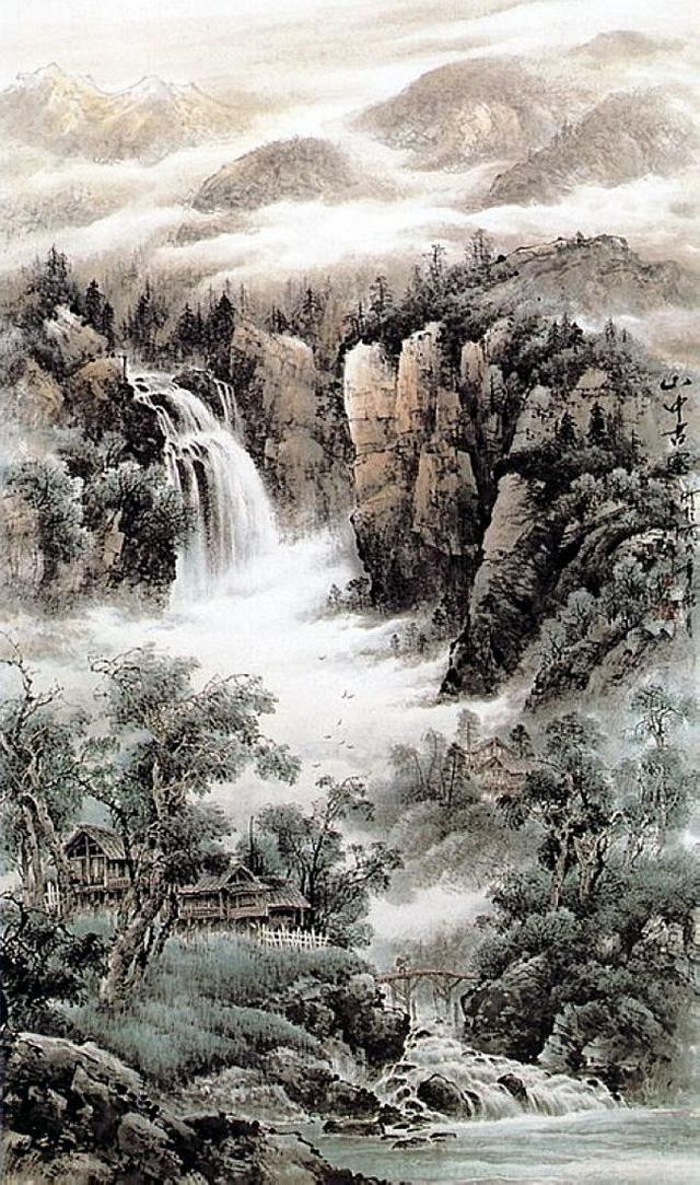 千山烟云黄玉洲彩墨山水画