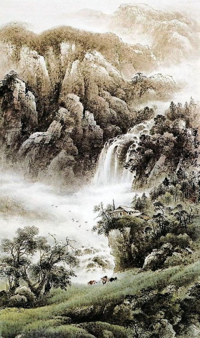 千山烟云黄玉洲彩墨山水画