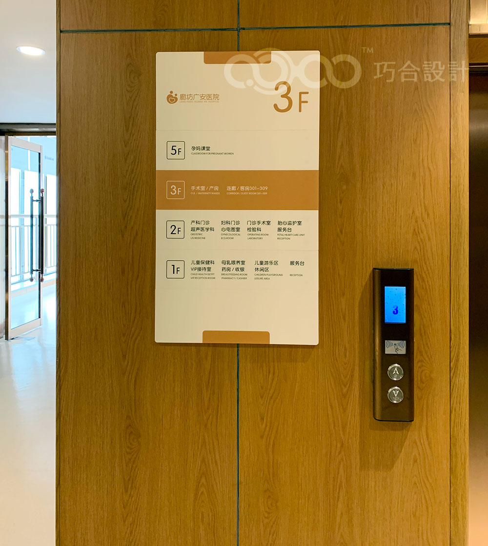 电梯厅墙面导视牌另一方面,医院导视设计的形态和材质也会因地制宜地