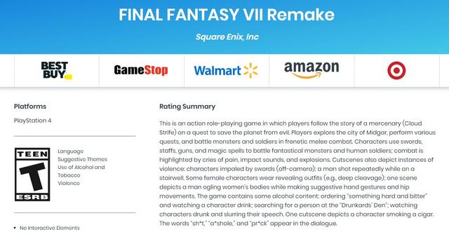 《最终幻想7：重制版》PS4评级：13+含血腥暴力性暗示_该游戏