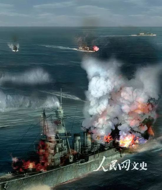 北洋舰队雁阵打击日舰"松岛","比睿","赤城","西京丸"号.