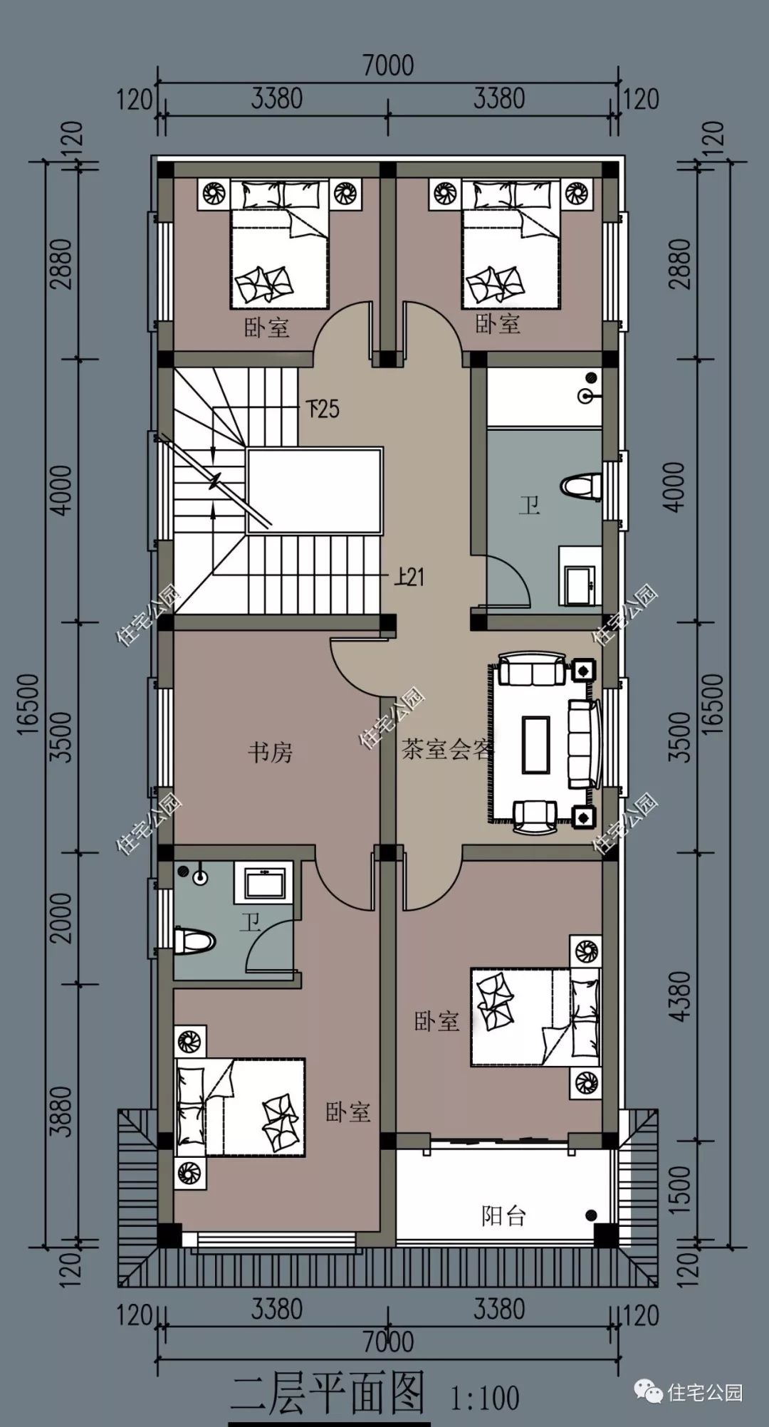 7×16米,多阳台 11卧室,小面宽大进深这样布局就挺好