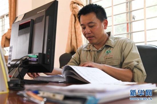 海南东寨港国家级自然保护区林业工程师冯尔辉在保护区内的办公室查看