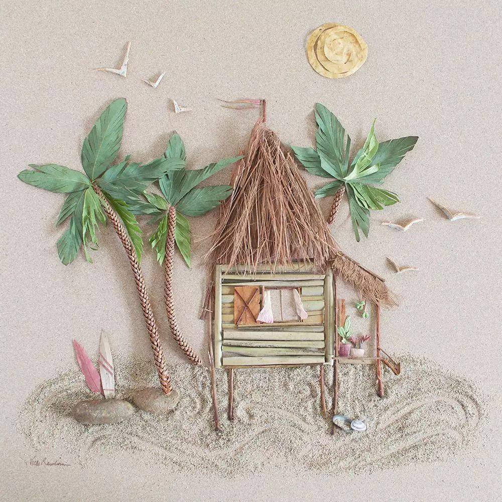 她将被风刮掉的树枝树叶做成画大家抢着买