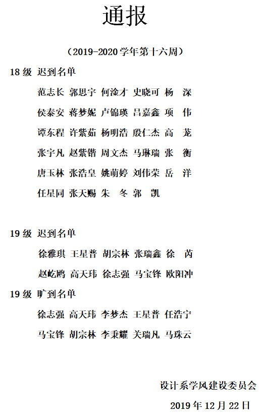 查课通报 19 学年第一学期第十六周查课通报 吕楹辉