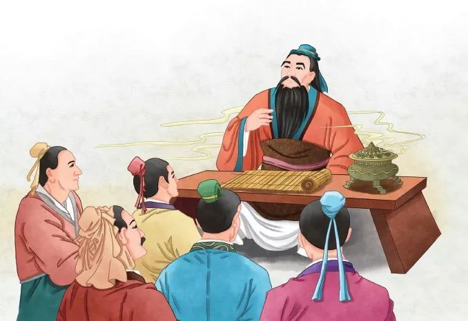 《孔子授徒兴学》中的孔子向弟子们授学.