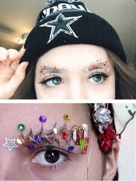 画到脸上,在眉毛上方涂鸦出圣诞帽是每年圣诞节经典妆容,既俏皮可爱又