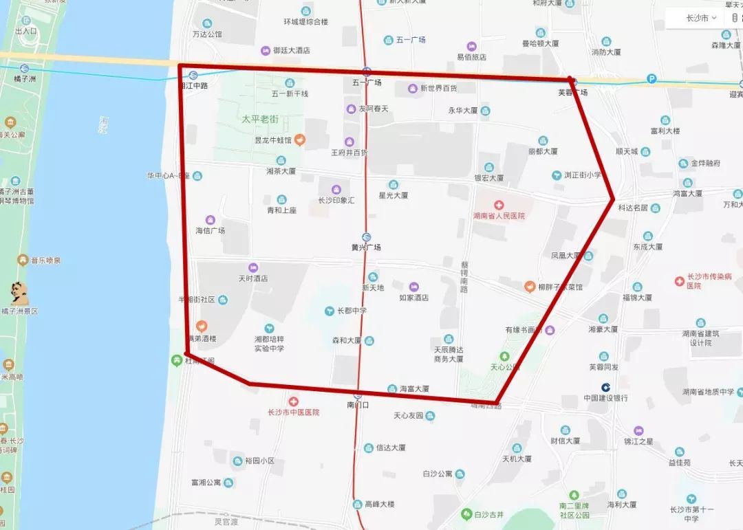 其中核心管制区域以五一大道橘子洲大桥东至建湘路口,建湘路(天心路)