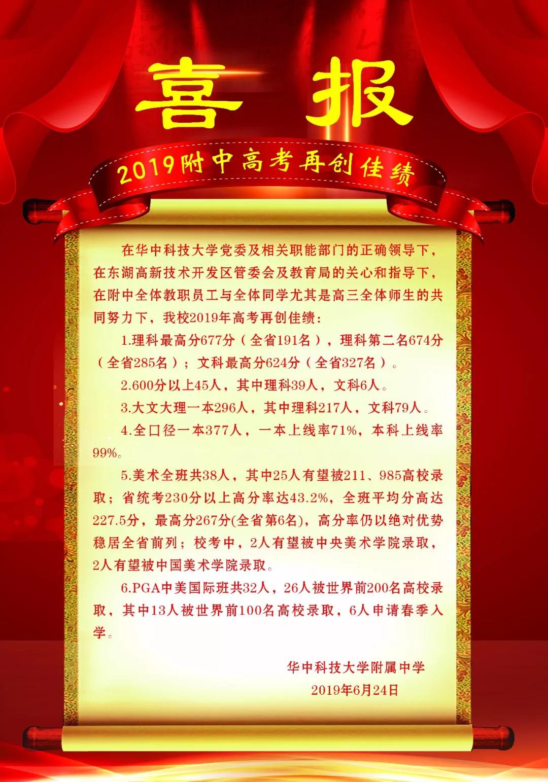 光谷二高经开区开发区一中我校2019年应届生参加高考446人,理科最高分