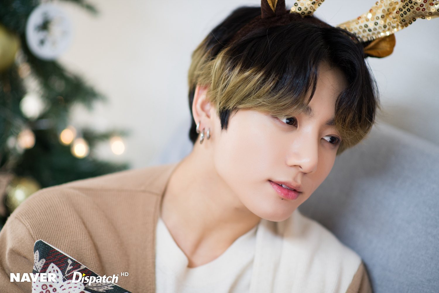 防弹少年团圣诞写真节日气息浓 金泰亨表情俏皮 朴智旻与狗狗有爱互动