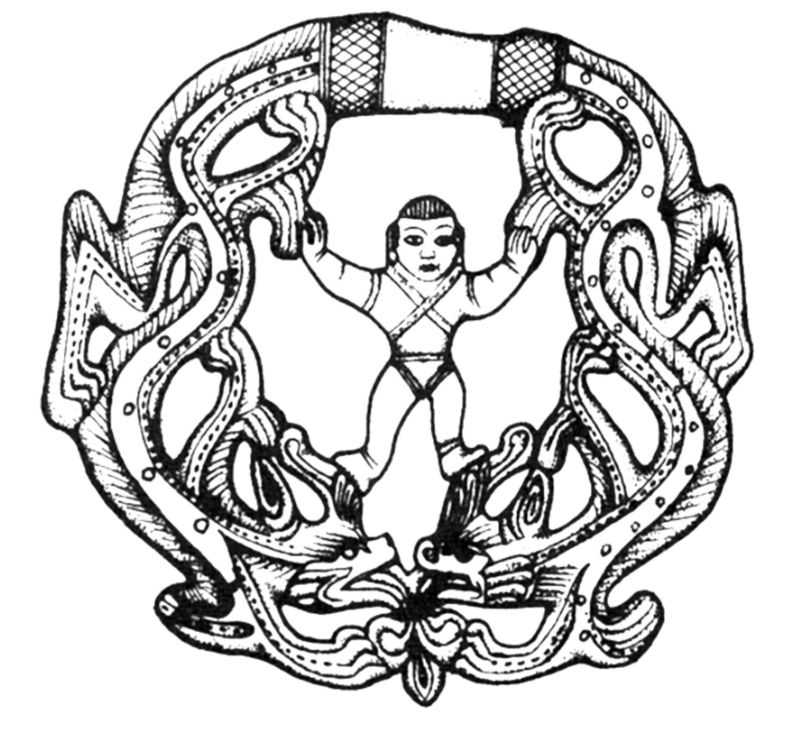 整体呈椭圆形,环身为头部相对,尾部相接的二龙,二龙口吐三叶忍冬,并各