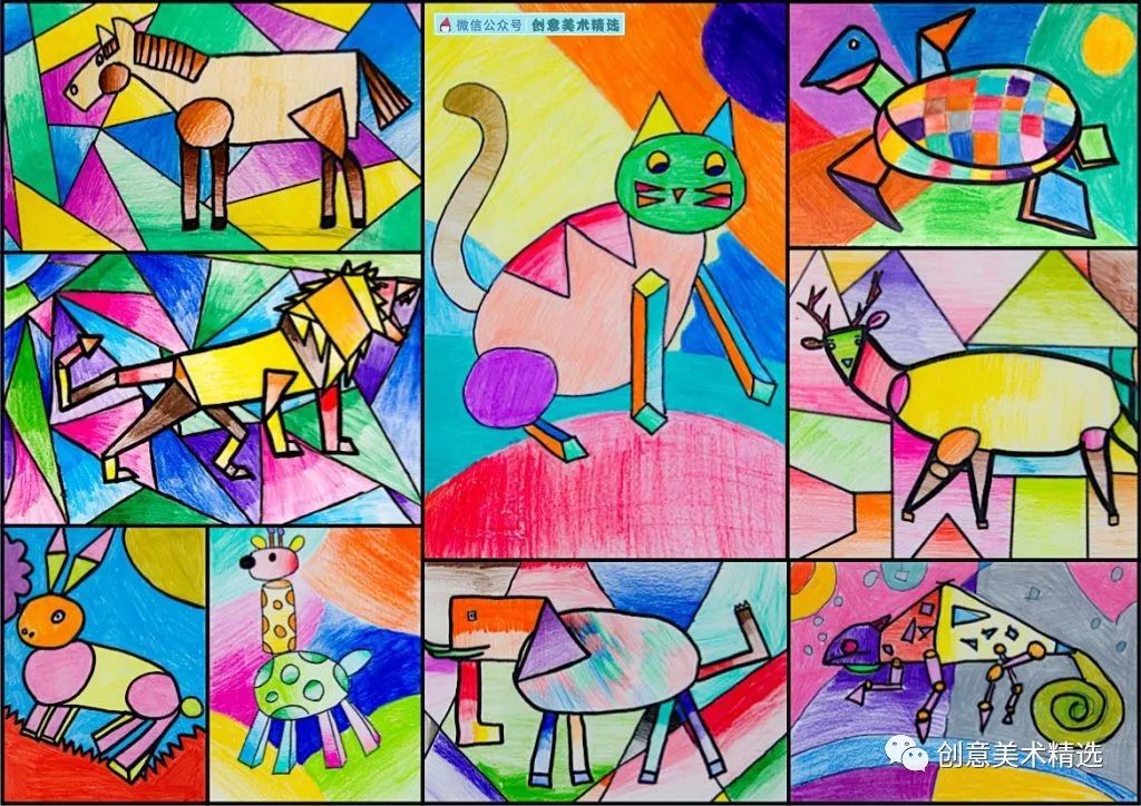 彩铅画课例——几何分割创作出可爱的动物色彩装饰画