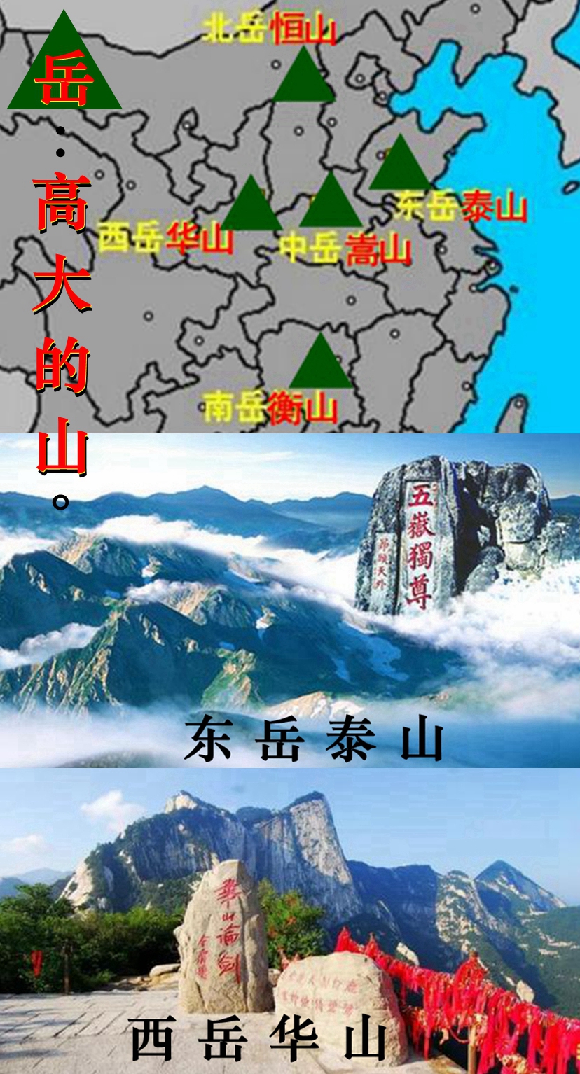 五岳是我国五大名山的总称,即东岳泰山,西岳华山,北岳恒山,中岳嵩山
