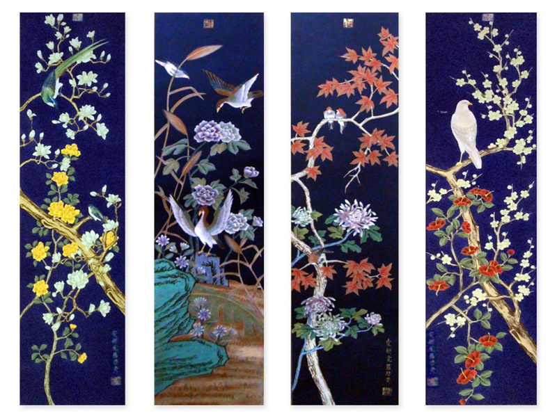 爱新觉罗启贵福满四季宫廷四条屏