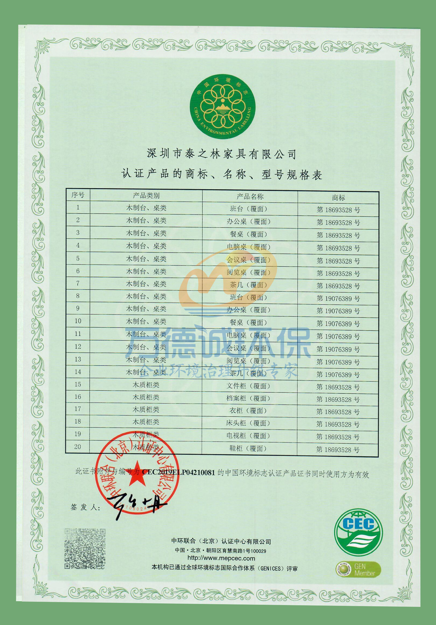 深圳市泰之林家具有限公司十环认证案例