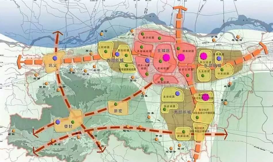 构建"一主一城三区四组团"的城镇布局结构:一主为郑州主城区;一城为