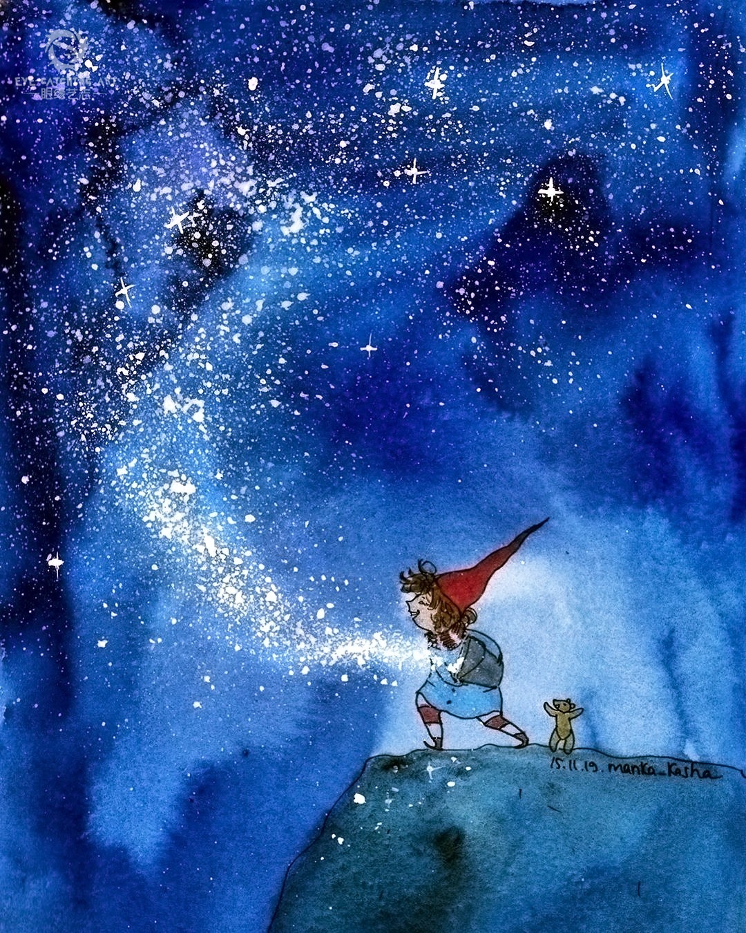 晕染出的回忆,水彩星空下的童年