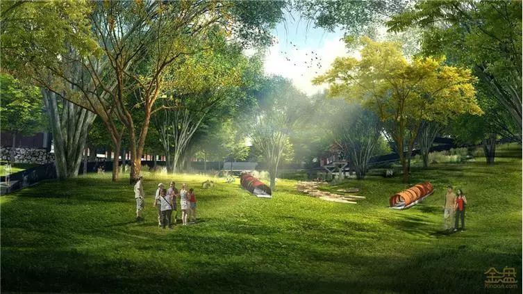 效果图 "三心"之三:金融森林公园 森林公园依小龟山而建,草坡上尚有
