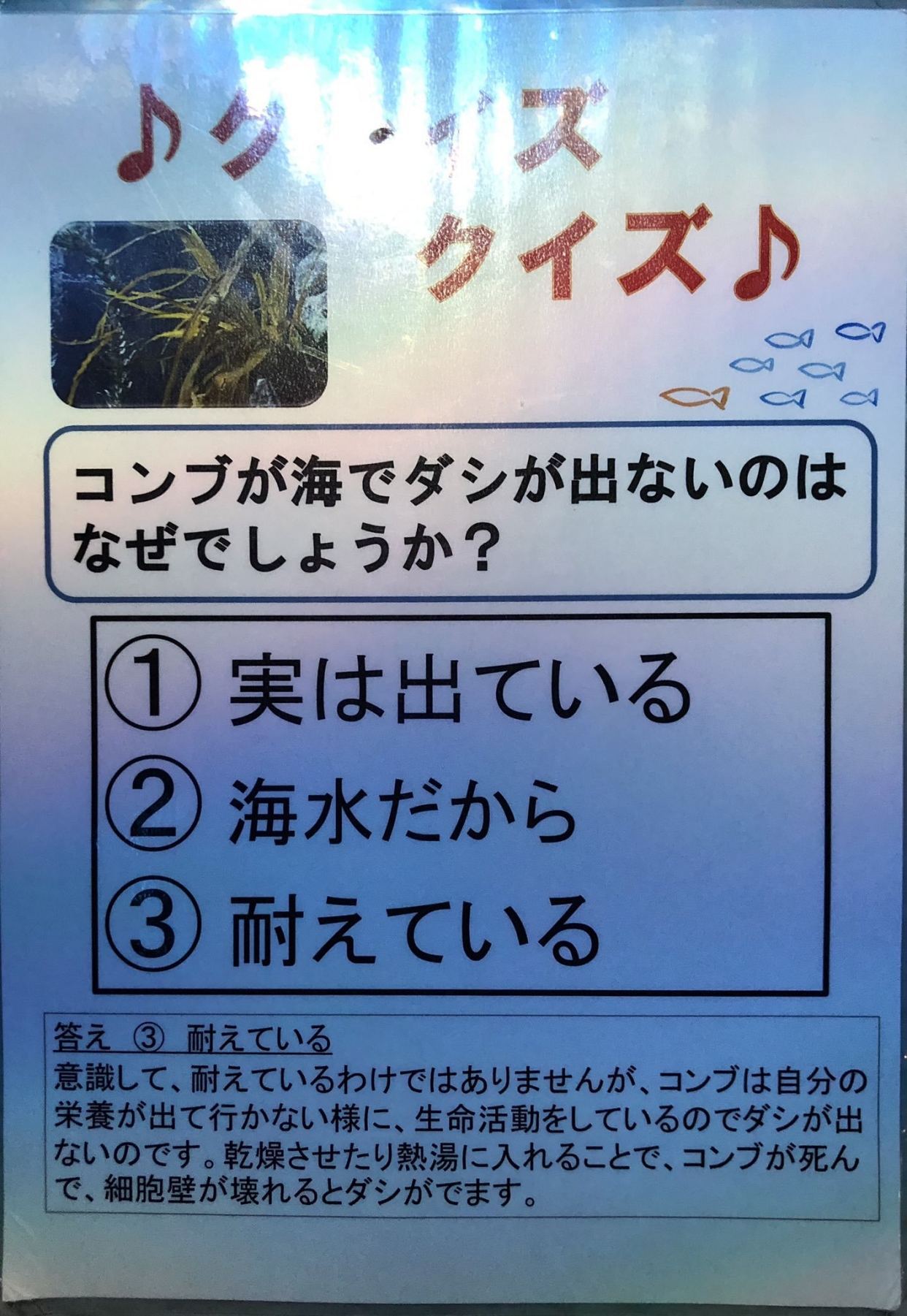 有一名日本網友在網上上發文,在北海道小樽水族館中有一張提問卡問道