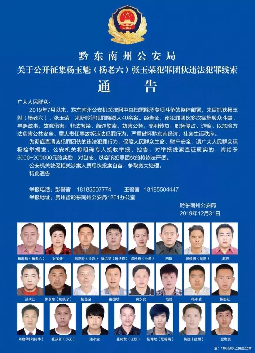 关于公开征集杨玉魁(杨老六)张玉荣犯罪团伙违法犯罪线索通告