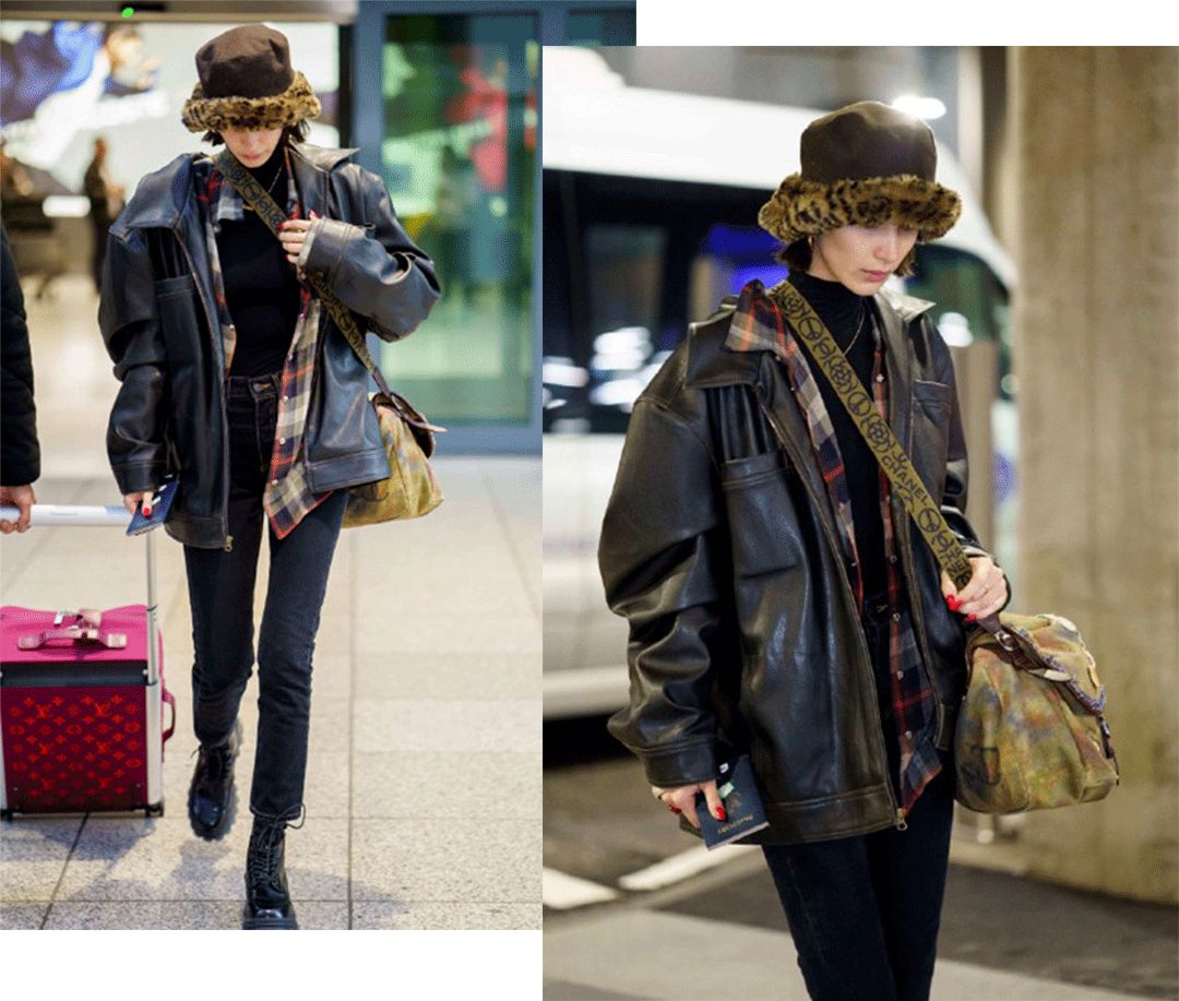 叠穿的效果bella内搭黑色打底衫 格子衬衣 皮衣对帅爆了的皮衣抵抗力