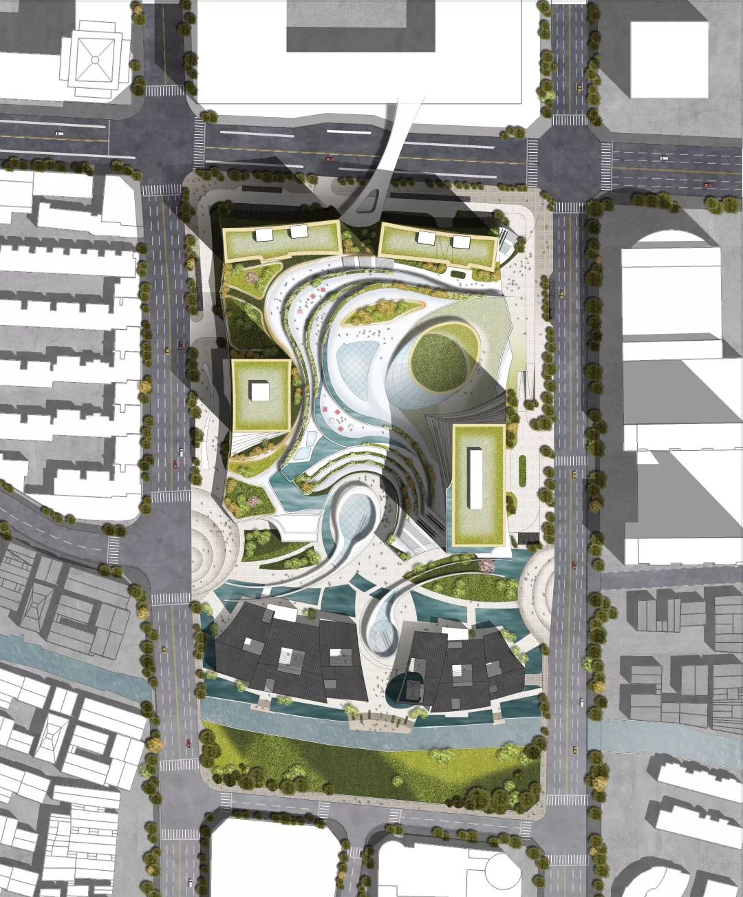 总平面图概念生成图解地铁通道直连综合体,打造主题站厅,并与生态中庭