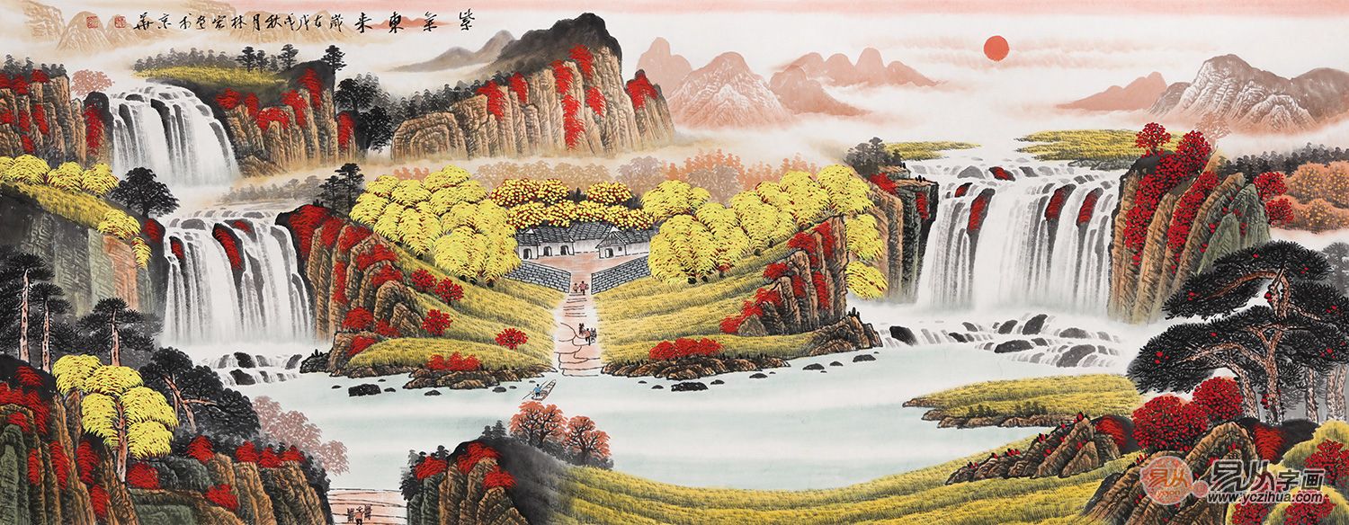 聚宝盆流水生财 李林宏国画客厅山水画作品《紫气东来》