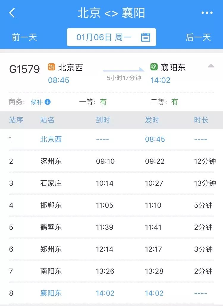 g1579/80次襄阳东往返北京西始发具体车次全程仅4小时51分襄阳始发"