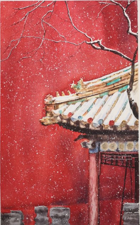水彩教程分享听雪落下的声音故宫红墙白雪