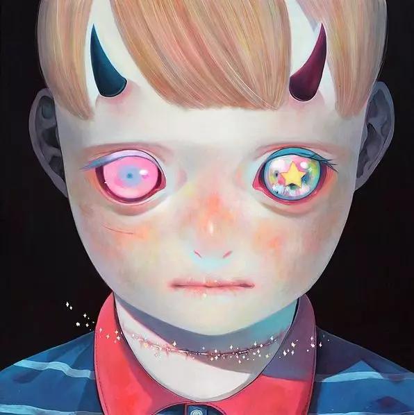 日本的新锐现代画家下田光,借用日本卡通世界的色彩表现,在画作中以