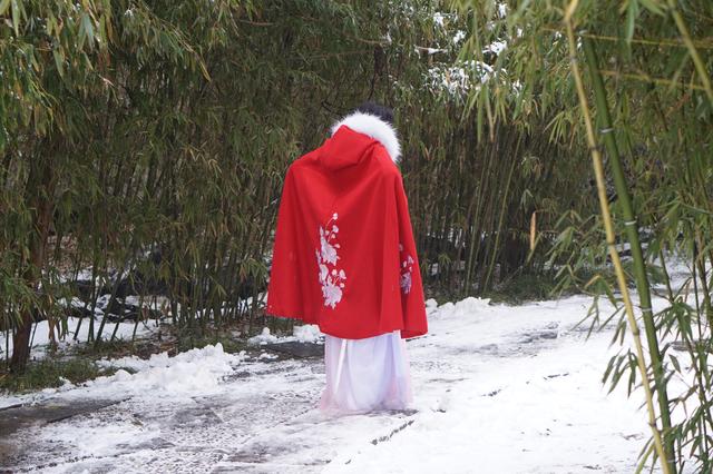 只加一件斗篷还是很冷的吧,不过不得不说红色斗篷和雪天真的挺配,回去