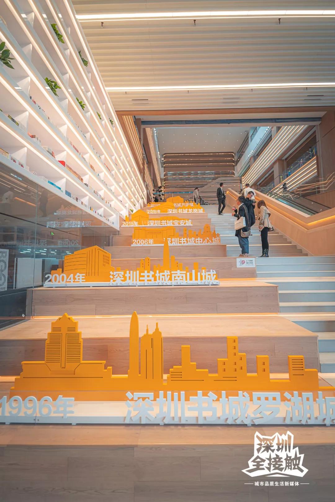 展示了深圳书城的发展历程沿着大台阶向上给人书山书海的既视感和震撼