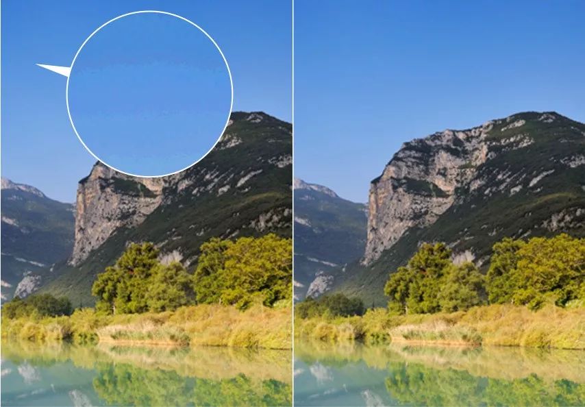 到位,使得画面的整体更为自然,平滑,下图中,左图的天空出现了色阶断层