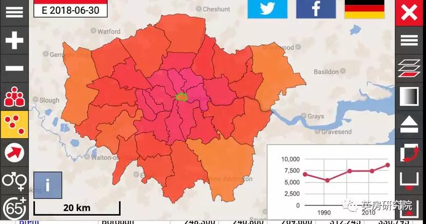 根据citypopulation网站数据,可以发现整个伦敦市的人口密度从中心向