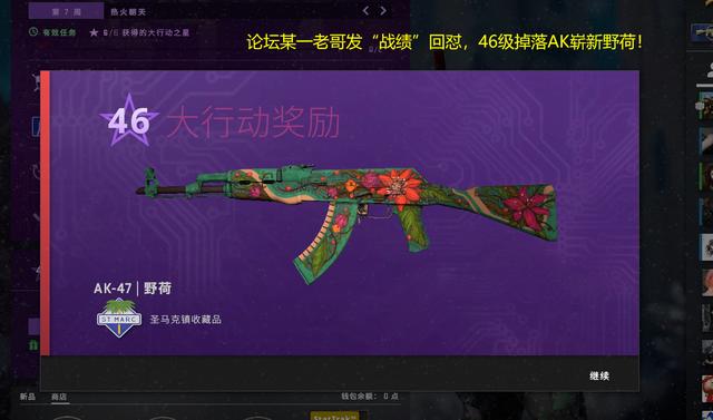 有一个大行动46级就掉落了一把崭新的ak野荷,市场价在大几千左右,而