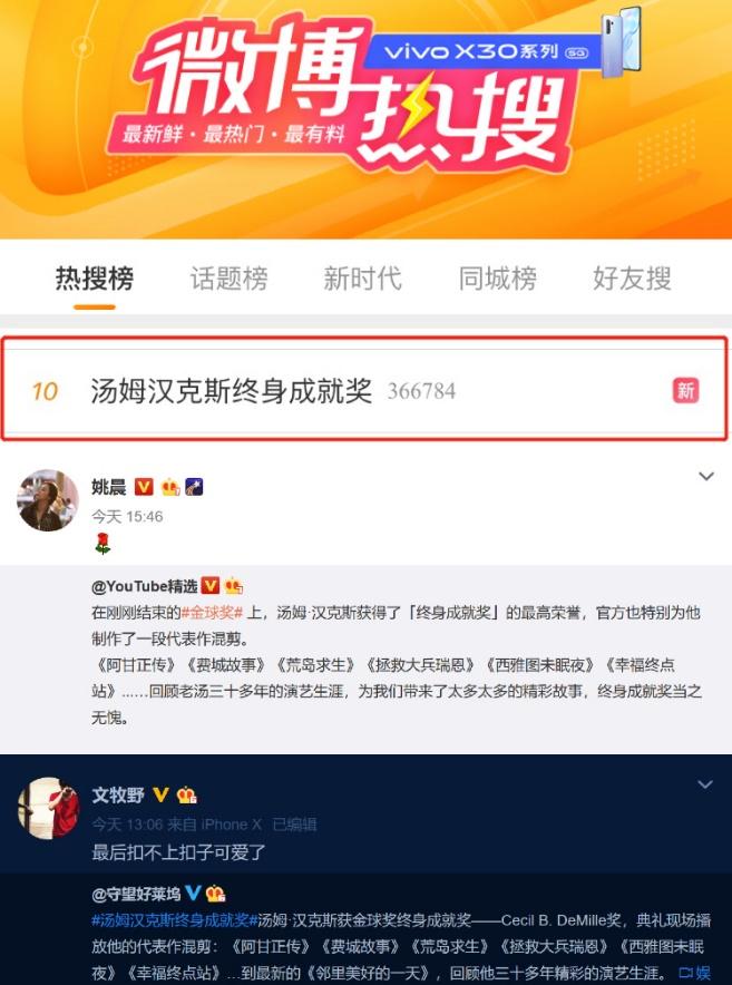 汤姆 汉克斯获终身成就奖姚晨文牧野为偶像点赞 影人 影事 电影界