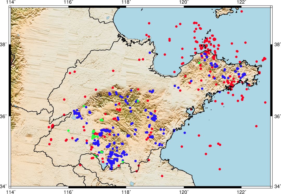 2019年度山东地区地震震中分布(红色圆点:天然地震;蓝色圆点:爆破