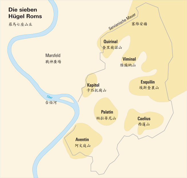 下图是罗马核心区的地形图,其中台伯河东岸的七座小丘则是罗马被称为