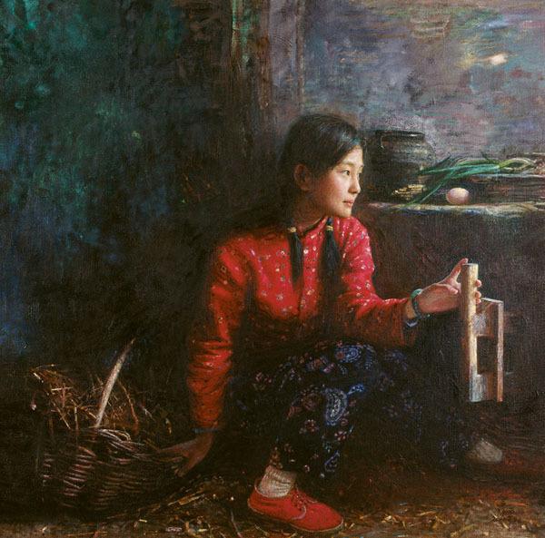 艺术家油画中的乡村少女美极了