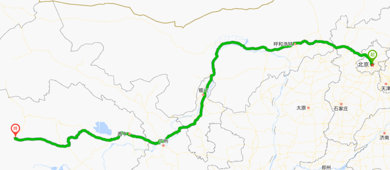 该线路起点为北京,终点为西藏拉萨,途经北京,河北,内蒙古,宁夏,甘肃